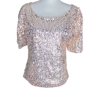 Shi Long Fashion Wm Sz XXL Rose Gold Lined Sequin Bateau Neck Boxy Lined Blouse
